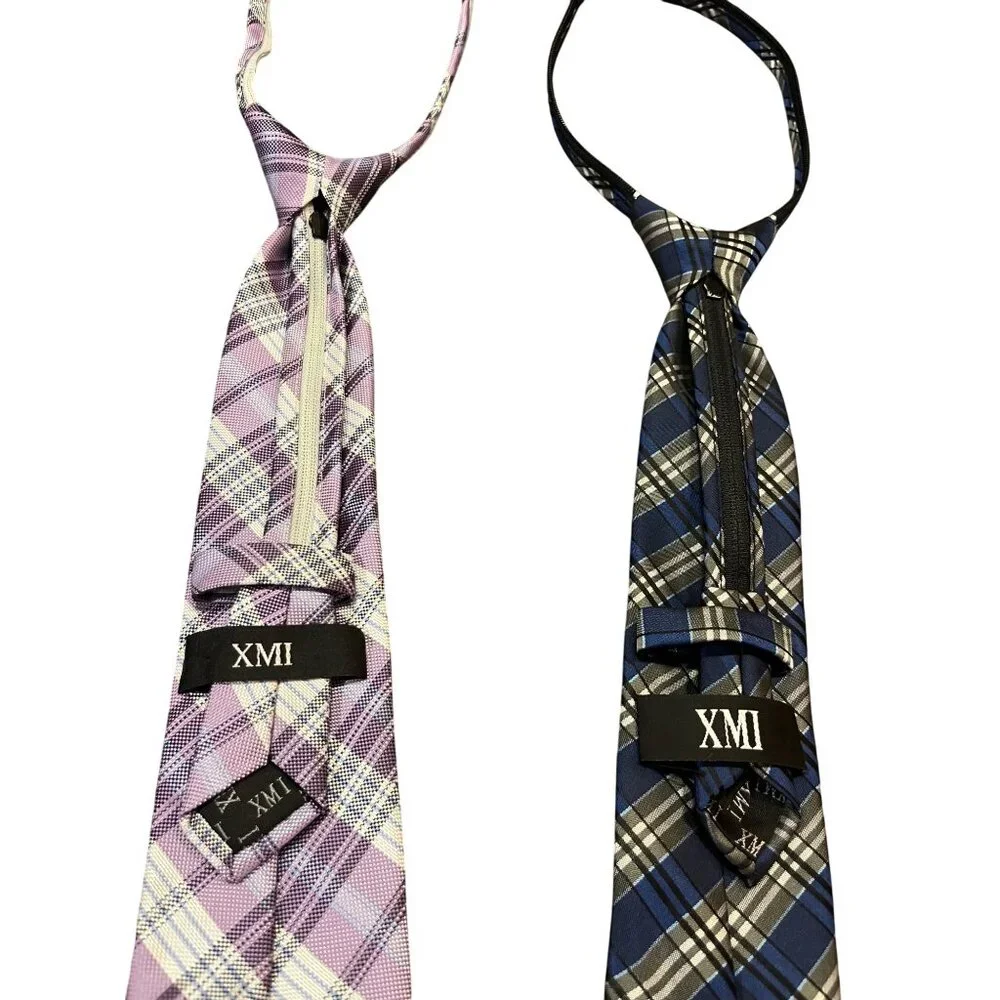 Lot of 2 XMI Zipper Ties Youth Size – Plaid Purple & Blue – Excellent Condition